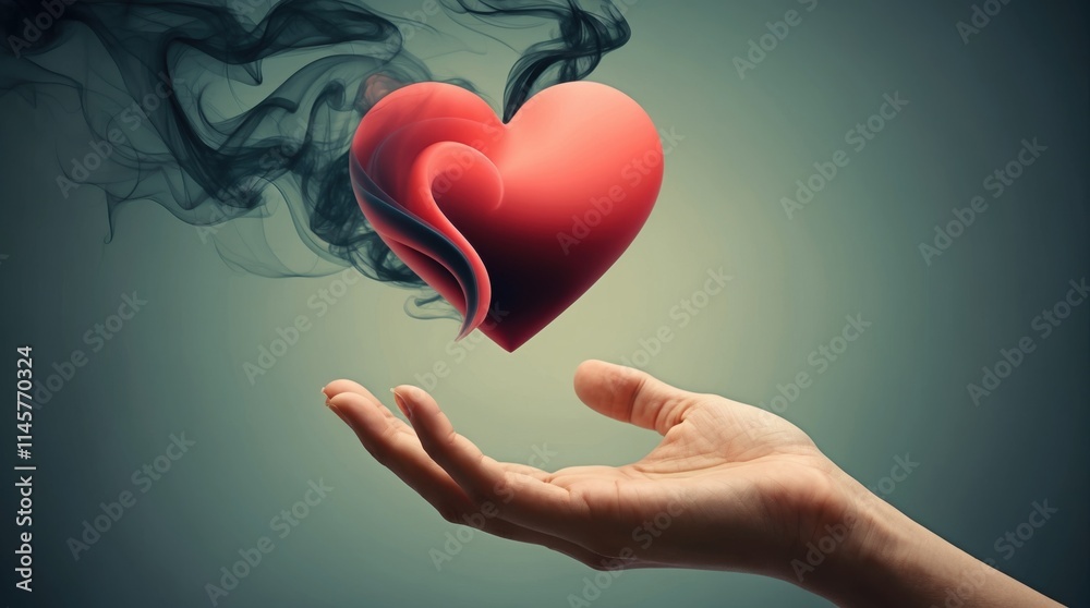 Heart floating in hand with smoke emotional concept studio environment artistic viewpoint Heart floating in hand with smoke emotional concept studio environment artistic viewpoint