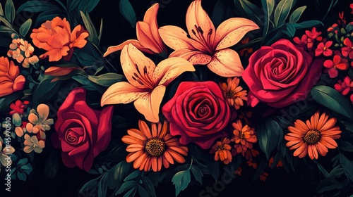 Vibrant floral arrangement featuring lilies, roses, and gerbera daisies against a dark background for elegant designs and invitations.