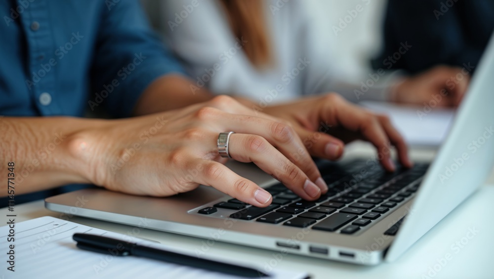 Closeup Hands Typing on Laptop Keyboard During Collaborative Office Work Closeup Hands Typing on Laptop Keyboard During Collaborative Office Work