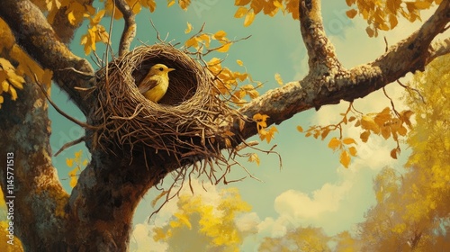 Baya weaver bird perched in intricately woven nest atop a tree amidst vibrant autumn foliage under a clear blue sky