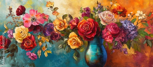 Elegant vases filled with colorful flowers creating a stunning home decor display against a vibrant artistic backdrop showcasing floral beauty