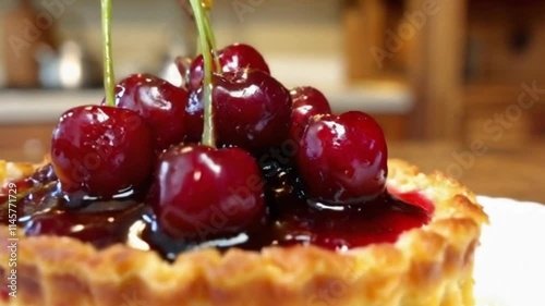 A cherry tart slice gleaming with syrup on a golden crust against a rustic kitchen with soft warm light