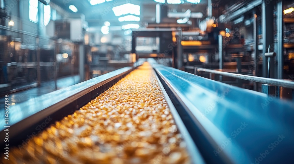 Close-Up View of a Conveyor Belt in an Industrial Food Processing Factory with Bright Golden Grains Moving Through the Production Line Close-Up View of a Conveyor Belt in an Industrial Food Processing Factory with Bright Golden Grains Moving Through the Production Line
