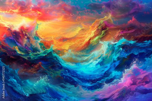 tempest of vibrant waves crashing against each other, creating a tumultuous sea of color and chaos. --ar 3:2 Job ID: 8661cd6f-e7d7-454e-8f3e-a8ec7fb97699