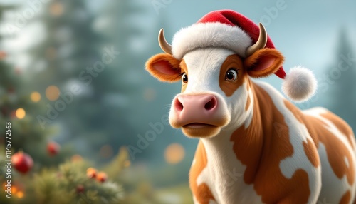 3D Cartoon Cow Character Wearing Santa Claus Hat for Christmas