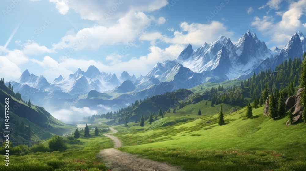 Obraz premium Serene alpine landscape with green meadows majestic mountains and a winding road under a clear blue sky ideal for nature tourism and adventure
