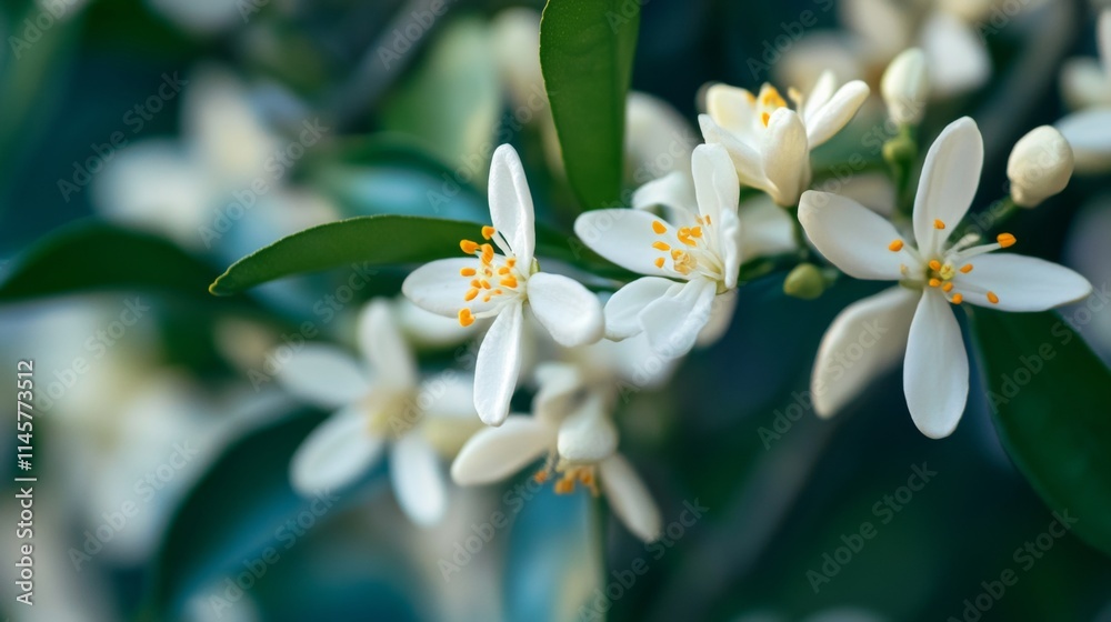 White citrus tree bloom with orange tree flowers closeup isolated on white. Also known as Neroli blossoms. White citrus tree bloom with orange tree flowers closeup isolated on white. Also known as Neroli blossoms.