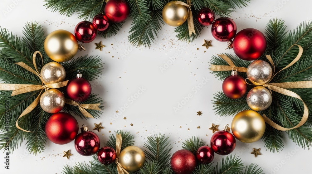 Festive Wreath With Baubles, Pine Branches, and Golden Stars on White Background Festive Wreath With Baubles, Pine Branches, and Golden Stars on White Background