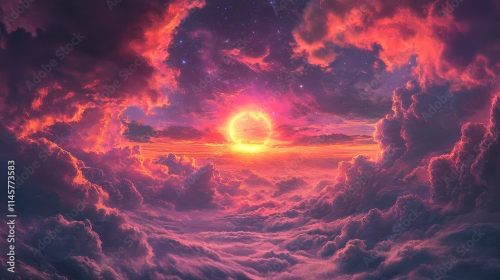 Vibrant Cloudy Sunset Over Serene Sky with Majestic Pink and Orange Hues Illuminating the Atmosphere at Dusk Vibrant Cloudy Sunset Over Serene Sky with Majestic Pink and Orange Hues Illuminating the Atmosphere at Dusk