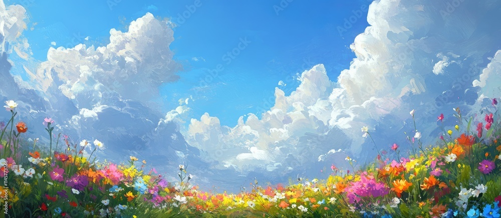 Vibrant Spring Flower Meadow Under a Bright Blue Sky with Fluffy Clouds in a Scenic Landscape Background Vibrant Spring Flower Meadow Under a Bright Blue Sky with Fluffy Clouds in a Scenic Landscape Background