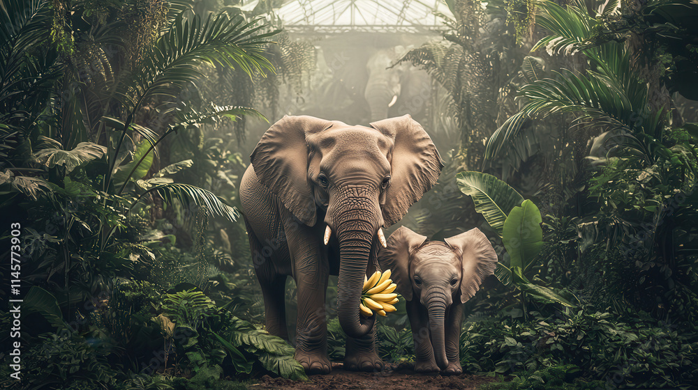 Fototapeta premium magical rainforest setting featuring mother elephant and her calf surrounded by lush greenery, conveying sense of wonder and connection