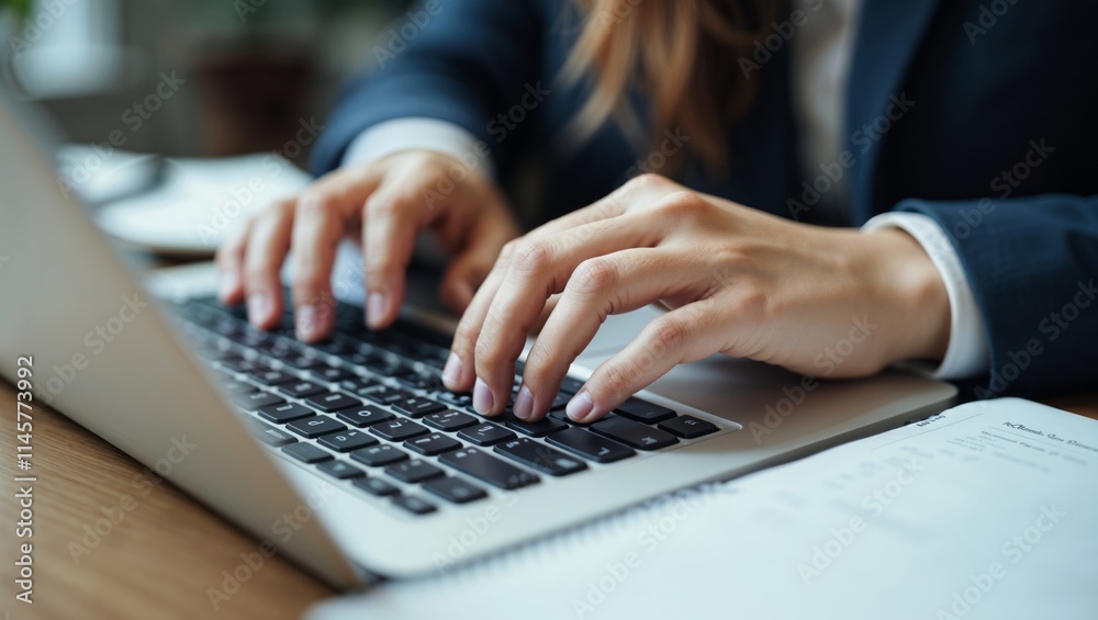 Professional Woman Typing on Laptop in Office Environment