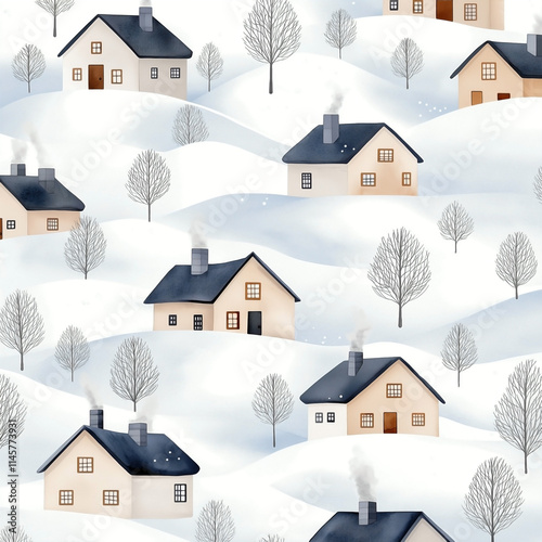 a series of cozy cottages with chimneys, nestled among rolling snowy hills. Each house displays unique architectural details, with roofs blanketed in snow. photo