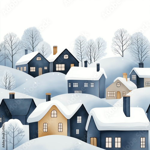 a series of cozy cottages with chimneys, nestled among rolling snowy hills. Each house displays unique architectural details, with roofs blanketed in snow. photo