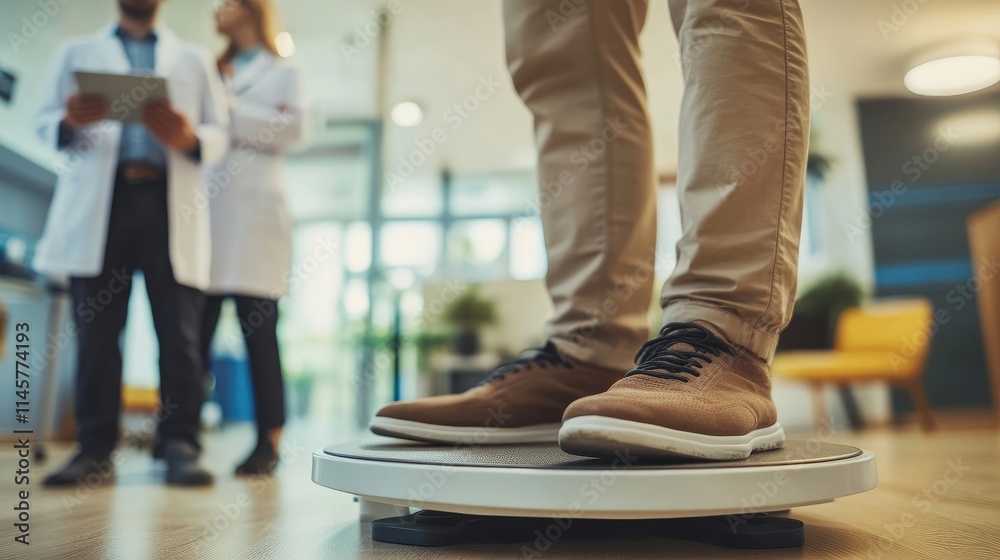A close-up of a man standing on a digital scale in a doctor's office.