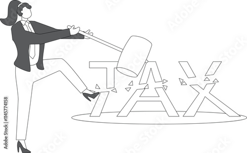 Tax cut, businesswoman crushed the letters TAX with a hammer
