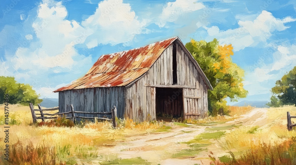 Fototapeta premium Rustic abandoned wooden barn in serene rural landscape under a bright blue sky with fluffy clouds and golden grass fields