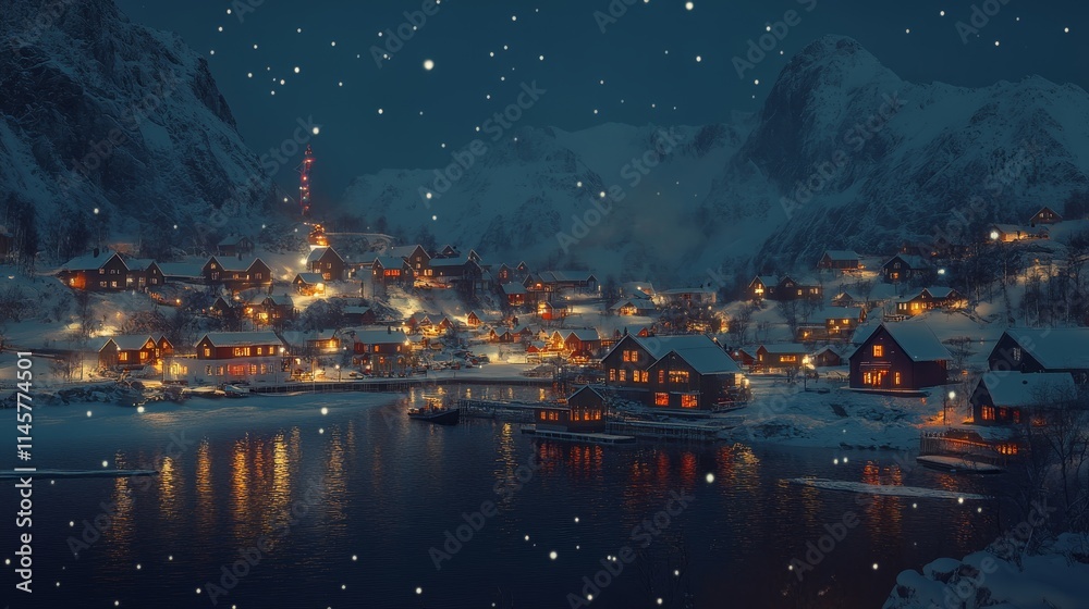 Winter night view of Reine, a fishing village in Norway's Lofoten Islands. Winter night view of Reine, a fishing village in Norway's Lofoten Islands.