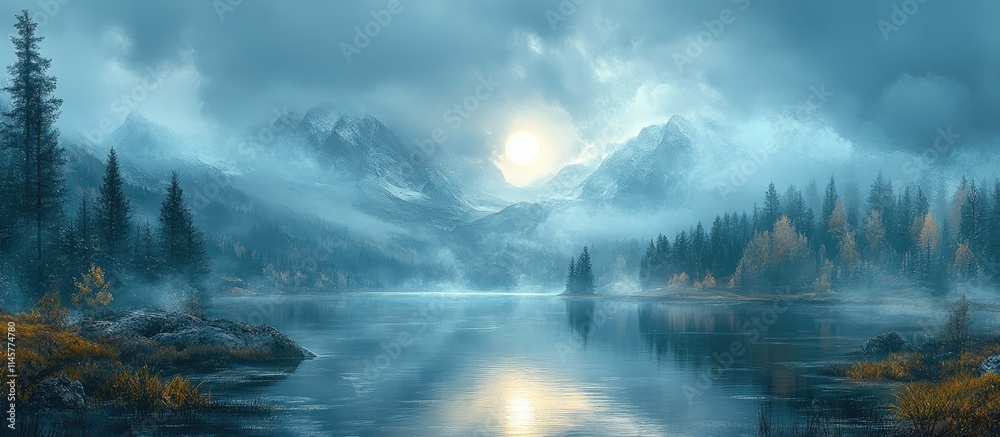 custom made wallpaper toronto digitalSerene mountain landscape with calm lake reflecting foggy skies and vibrant foliage in a pristine natural setting at sunrise.