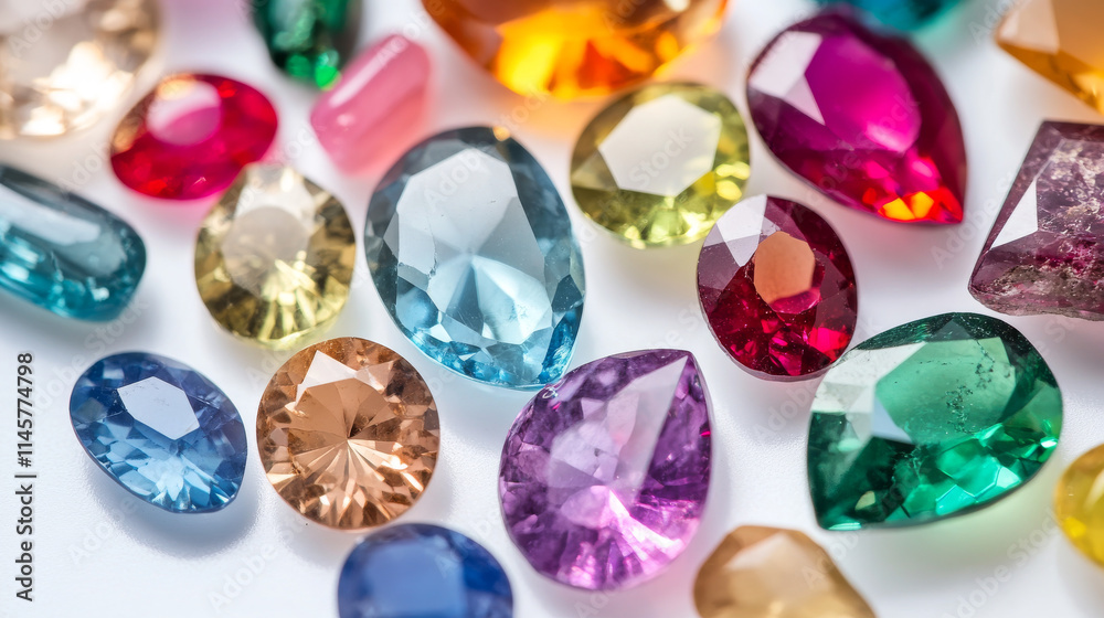 Fototapeta premium Color gems, jewel crystal stones in round, geometric and diamond shape. Vector cartoon set of precious gemstones, ruby, sapphire, topaz, amethyst and emerald isolated on background