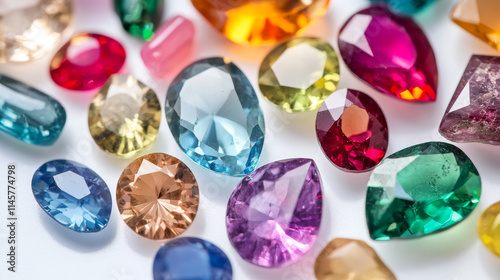 Color gems, jewel crystal stones in round, geometric and diamond shape. Vector cartoon set of precious gemstones, ruby, sapphire, topaz, amethyst and emerald isolated on background