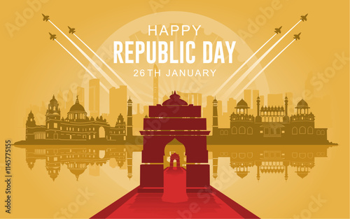 Indian Republic Day Celebration Greeting Card with skyscraper silhouettes, historical buildings and Text. Happy Republic Day India Social Media Post and Flyer Template. 26 January.