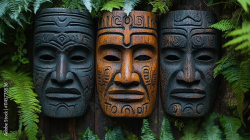 Mask wood and traditional sculpture on wall, cultural art, ethnic decoration, mythology, culture, tiki face for protection, ornament of god, religion, and native to tribal New Zealand. photo