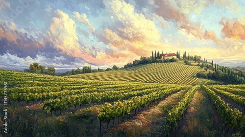Wallpaper Mural Vibrant vineyard landscape on a hill under a dramatic sky with colorful clouds at sunset in a serene countryside setting Torontodigital.ca