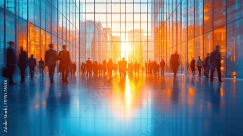 Motion blur captures the movement of business people in a busy office lobby, symbolizing a bustling corporate environment.