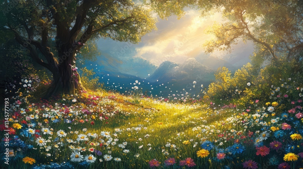 Obraz premium Vibrant wildflower meadow at sunset showcasing diverse blooms under golden light with majestic trees and distant mountains in the background