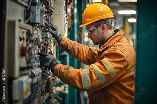 Friendly offshore electrician, working on electrical systems of an offshore platform, looking at camera, Close-up outdoors portrait