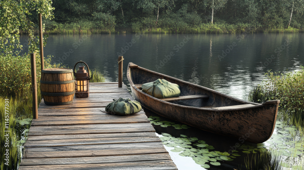 Fototapeta premium Old wooden pier on river, sea or lake, water surface with boat, pole with lantern, barrel, bags isolated on white background. Vector cartoon set, wharf for fishing, dock for canoe berth at pond