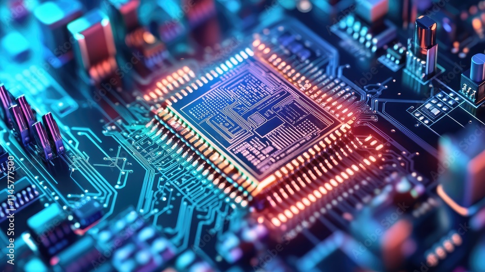 A magnified view of a microchip design under a microscope, revealing the fine details of its etched circuits and connectors A magnified view of a microchip design under a microscope, revealing the fine details of its etched circuits and connectors