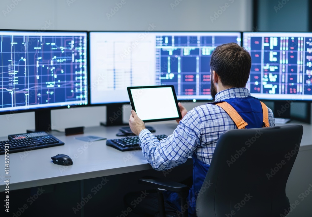 Engineer Working with Tablet and Multiple Computer Screens in Office Engineer Working with Tablet and Multiple Computer Screens in Office