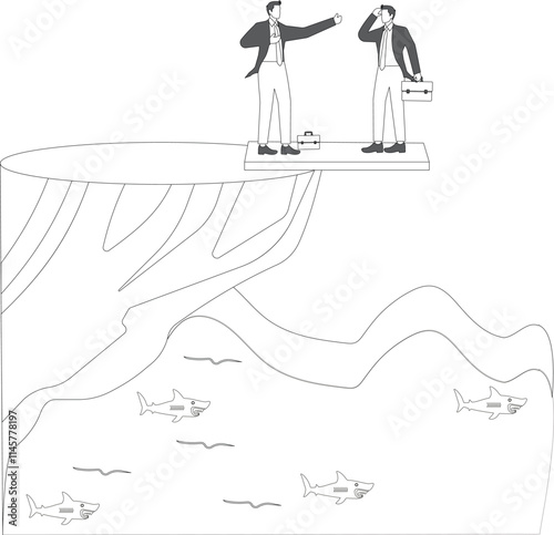 Businessman standing on the opposite side of a companion on a wooden boarder on the edge of a cliff