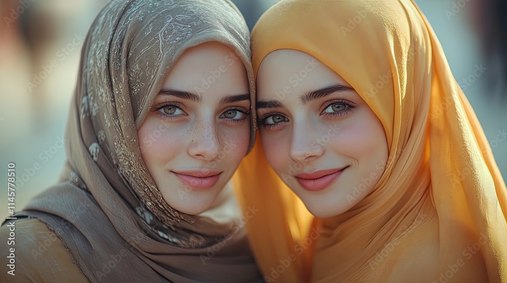 Muslim friends in hijabs embrace, expressing their bonding, appreciation, and happiness in their shared faith and friendship.