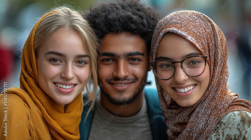 Muslim friends smile for a portrait on vacation, representing inclusion, community, happiness, and a journey with young people outdoors in a city street. Muslim friends smile for a portrait on vacation, representing inclusion, community, happiness, and a journey with young people outdoors in a city street.
