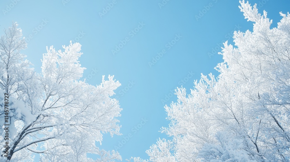 A serene winter landscape with snow-covered trees against a clear blue sky. A serene winter landscape with snow-covered trees against a clear blue sky.