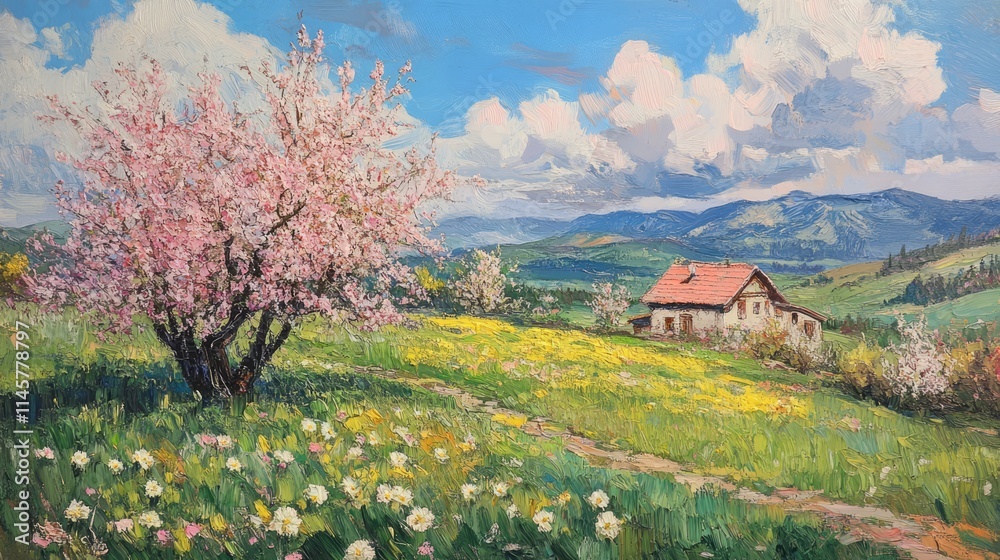 Vibrant spring landscape with blooming flowers and a serene countryside house under a bright blue sky and fluffy clouds Vibrant spring landscape with blooming flowers and a serene countryside house under a bright blue sky and fluffy clouds
