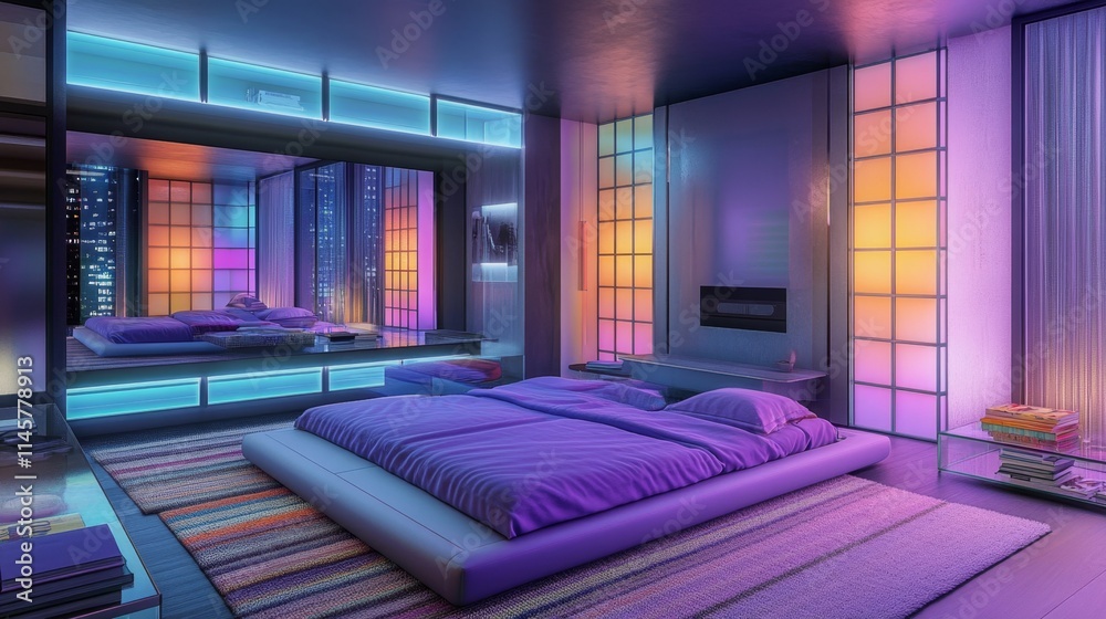 This room showcases a blend of Japanese design and neon aesthetics, creating a tranquil space with atmospheric lighting This room showcases a blend of Japanese design and neon aesthetics, creating a tranquil space with atmospheric lighting