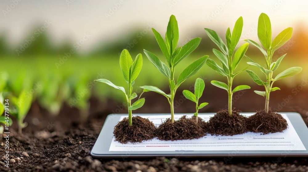 A tablet rests in the soil, displaying growing plants, symbolizing the intersection of technology and agriculture. A tablet rests in the soil, displaying growing plants, symbolizing the intersection of technology and agriculture.