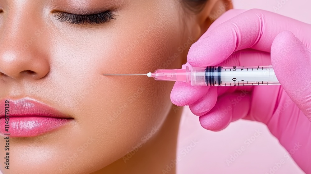 A close-up of a woman receiving a cosmetic injection, with a focus on her smooth skin and the syringe held by a gloved hand. A close-up of a woman receiving a cosmetic injection, with a focus on her smooth skin and the syringe held by a gloved hand.