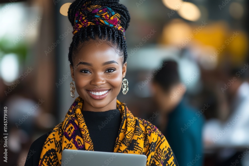 Smiling woman with braided hair and colorful scarf holding a tablet in a busy cafe environment Smiling woman with braided hair and colorful scarf holding a tablet in a busy cafe environment