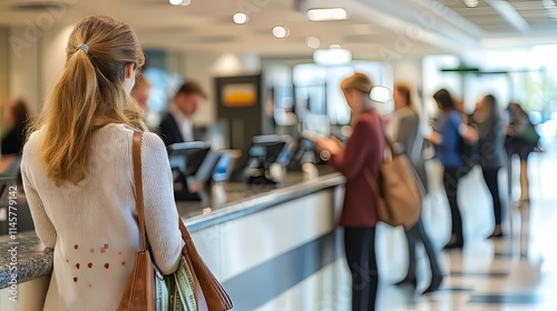 A woman waits in line at a busy bank, showcasing a moment of anticipation.