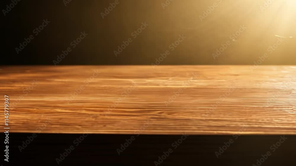 Tracking video reveals a textured wood surface with reflective shadows perfect for product display, backlighting adds depth Tracking video reveals a textured wood surface with reflective shadows perfect for product display, backlighting adds depth