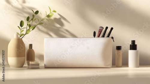 White cosmetic bag with zipper for makeup and beauty tools. Vector realistic mockup of blank fabric pouch with zip for toiletry, soap and body care products. Small beauticians for travel