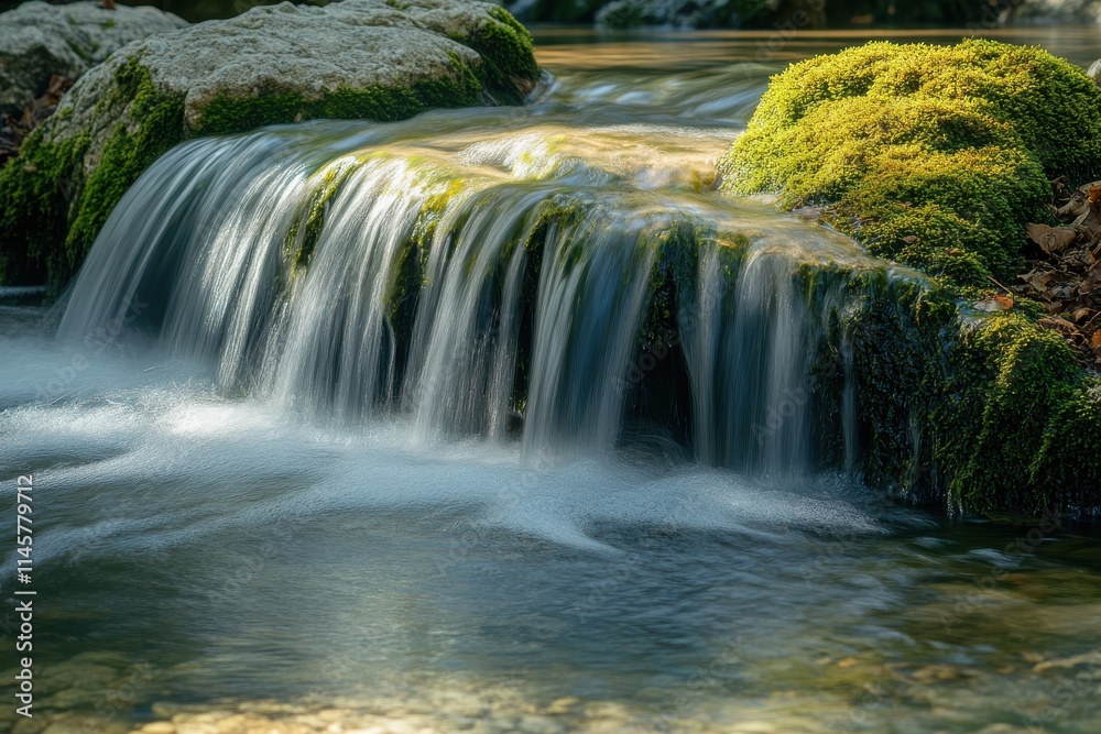 Obraz premium A Serene Clear Stream Cascading Over a Mossy Cove Surrounded by Lush Foliage Perfect for Nature Lovers and Photography Enthusiasts