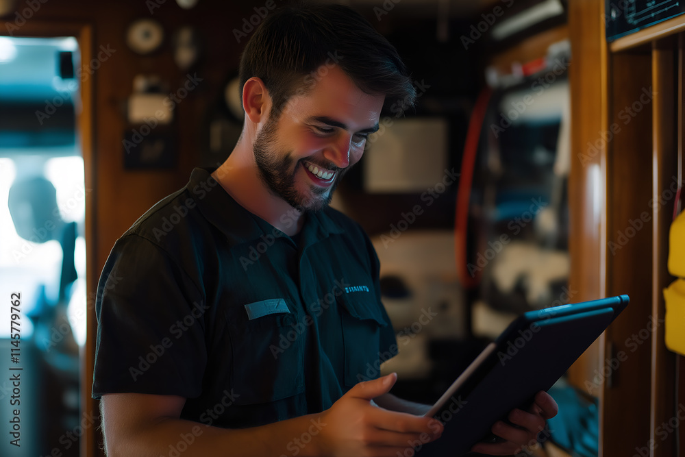 Fototapeta premium Smiling offshore operations coordinator, reviewing data on a tablet, looking at camera, Close-up outdoors portrait