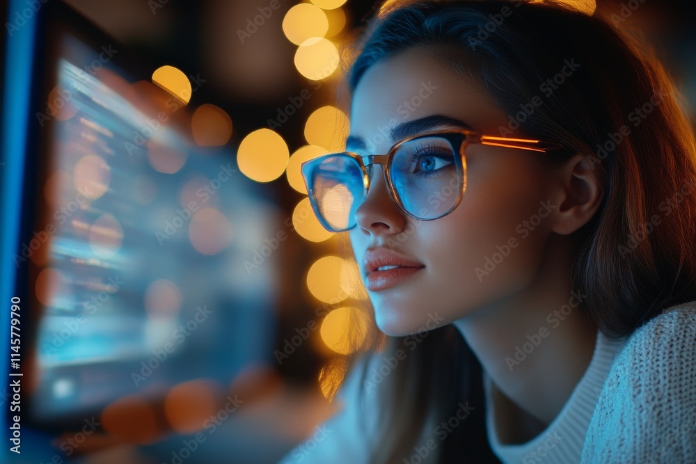 Young woman focused on computer screen surrounded by warm bokeh lights in a cozy indoor environment