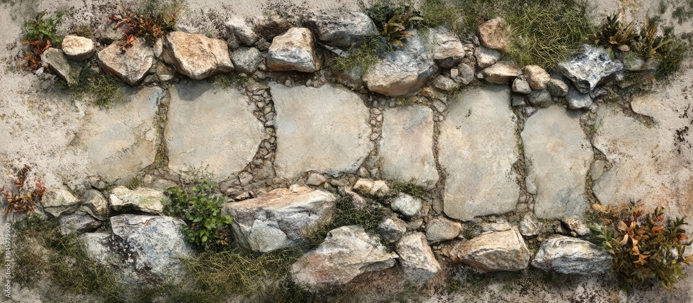 Obraz premium Stone pathway with weathered stones and natural vegetation creating a rustic trail in a serene outdoor environment.